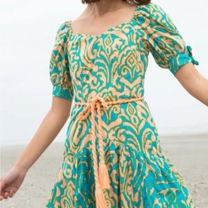 Square-Neck Midi Dress in Turquoise & Peach with Puff Sleeves